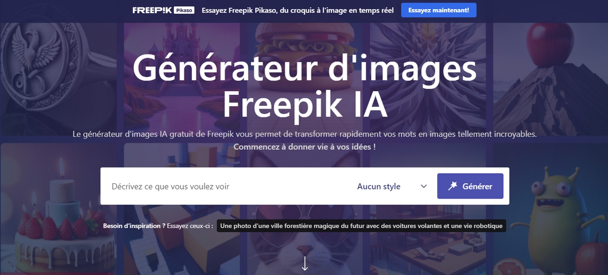 Screenshot de la page d'accueil Freepik AI Image Generator