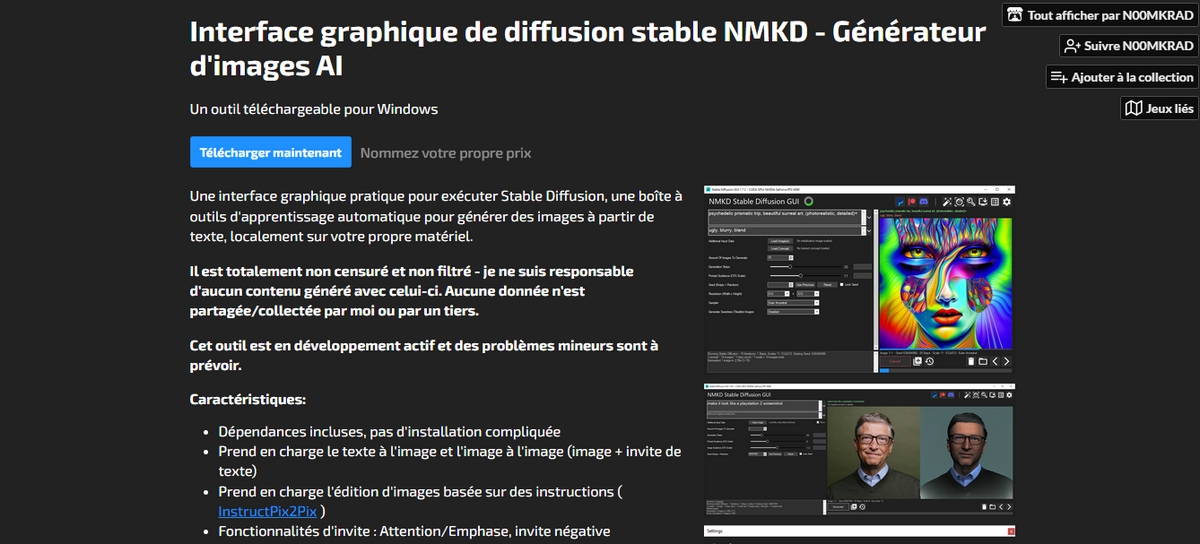 Screenshot de la page d'accueil NMKD Stable Diffusion GUI