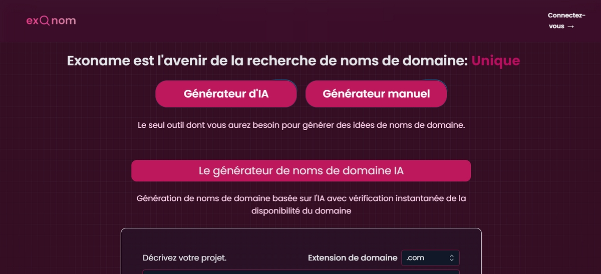 Screenshot de la page d'accueil Exoname